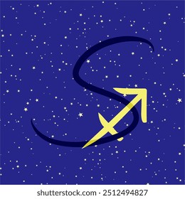 Sagittarius in combination with the letter S. Zodiac sign. On a dark blue starry background. Astrology and horoscopes concept. Vector illustration.