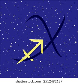 Sagittarius in combination with the letter X. Zodiac sign. On a dark blue starry background. Astrology and horoscopes concept. Vector illustration.