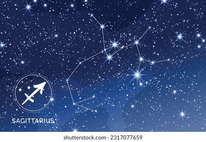 Sagittarius constellation in the blue night sky, zodiac sign, modern horoscope astrology background, astronomical chart, fortune telling mystical vector illustration.