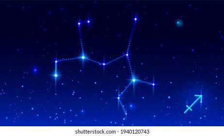 Sagittarius constellation in blue night starry sky. Zodiac sign icon. Vector illustration