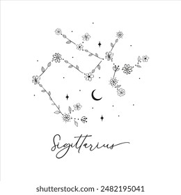 Sagittarius constellation with Hand drawn doodle flowers, leaves, florals, stars. Vector art, graphic illustration clipart. This illustration is a beautiful, creative representation of the Sagittarius