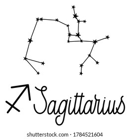 Sagittarius constellation, handwritten inscription and zodiac sign. Pattern for your packaging, fabric and product decoration. Vector illustration on a white background.