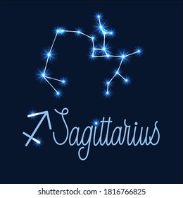 Sagittarius constellation, handwritten inscription and zodiac sign. Pattern for your packaging, fabric and product decoration. Vector illustration