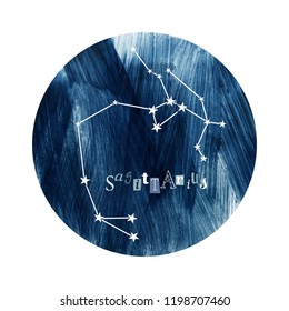 The Sagittarius Constellation over hand drawn blue background. 1 of the 12 zodiac signs. Vector illustration