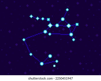 Sagittarius constellation in pixel art style. 8-bit stars in the night sky in retro video game style. Cluster of stars and galaxies. Design for applications, banners and posters. Vector illustration