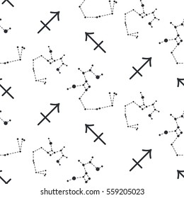 Sagittarius constellation seamless vector pattern. Zodiac symbol black and white background.