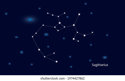 Sagittarius constellation. Starry sky. Dark blue space background. Bright shining stars. Zodiac constellations. Zodiac sign. Vector illustration.