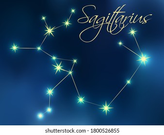 Sagittarius constellation stars in dark blue night sky. Sagittarius zodiac constellations horoscope symbol made of gold stars. Astrology vector illustration. 