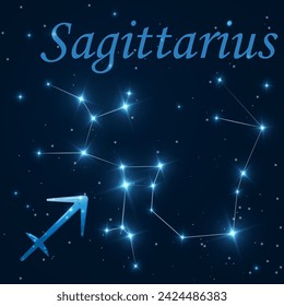 Sagittarius constellation with stars, zodiac sign on starry sky. Astronomy, astrology, horoscope. Science banner. Cosmos, outer space. Ninth zodiac sign - the ruler planet Jupiter. Vector illustration