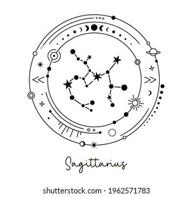 Sagittarius constellation surrounded by universe, stars and planets. Astrological zodiac symbols. Vector monochrome silhouette. Horoscope designs. Solar system with constellation. Celestial design ele