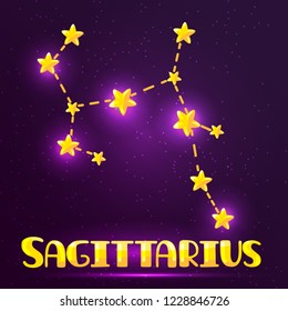 Sagittarius constellation vector isolated illustration. cluster of golden stars in a cartoon style connected by a dotted line. funny zodiac sign for a children's horoscope.