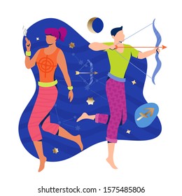 Sagittarius couple zodiac and horoscope concept. Modern vector art with young couple. Illustration for horoscope and astrology apps, dating websites, astrology predictions.