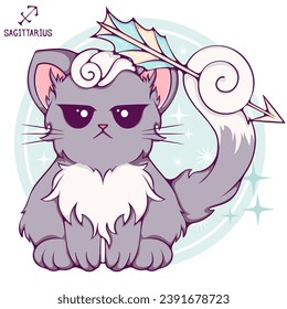 Sagittarius cute cartoon astrology sign of the zodiac cat. Pet character in kawaii style. Vector illustrations in hand drawn flat style on round background. Funny cat horoscope