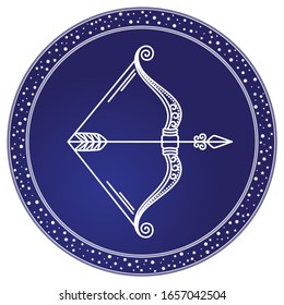 Sagittarius decorative design of mutable zodiac sign used for horoscopes and predictions. Isolated icon of ninth symbol of astrology. Element of archer with bow and arrow. Vector in flat style