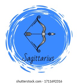 Sagittarius decorative design of mutable zodiac sign used for horoscopes and predictions. Isolated icon of ninth symbol of astrology. Element of archer with bow and arrow. Vector in flat style