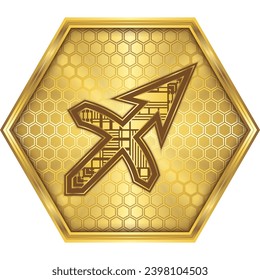 Sagittarius, Futuristic Cybernetic Circuit Board Zodiac Astrological Symbol Icon Button Design Golden Hexagon, White Background, Horoscope, Fortune-Telling