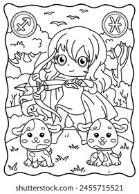 Sagittarius and Gemini. Kawaii. Cute characters. Coloring page, page, book, black and white vector illustration. Zodiac signs, horoscope.