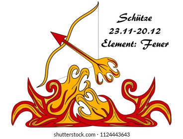 Sagittarius with german text: Sagittarius, date, element: fire, vector graphics eps10