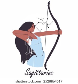 Menina Sagitário, signo do zodíaco. Estilo moderno horóscopo arco menina personagem, personalidade. Mulher, avatar da astrologia. Vetor plano astrológico moderno ilustração desenhado à mão.