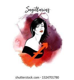 Sagittarius -girl. Zodiac signs girl illustration.Vector sketch and watercolor background.