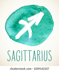 Sagittarius hand drawn Zodiac sign illustration over teal green watercolor circle. Vector graphic astrology symbol design element isolated over white.