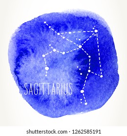 Sagittarius hand drawn Zodiac sign constellation over blue watercolor circle. Vector graphics astrology illustration. Western horoscope mystic symbol isolated over white.