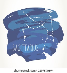 Sagittarius hand drawn Zodiac sign constellation over blue paint strokes. Vector graphics astrology illustration. Western horoscope mystic symbol isolated over white.