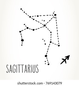 Sagittarius hand drawn Zodiac sign constellation in black isolated over white background. Vector graphics astrology illustration. Western horoscope mystic symbol.