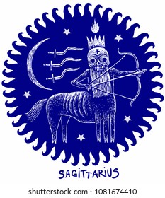 Sagittarius Horoscope Astrology skeleton character. Zodiac sign with stars in circle isolated on the white background. Vector illustration EPS 10 format.