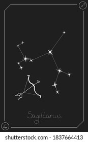 Sagittarius Horoscope Card With Constelation, Zodiac Sign And A Patronizing Planet. Hand Drawn Vector Illustration On Dark Background. Taro Card.