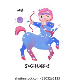 Sagittarius horoscope character with zodiac sign and handlettering. Cute vector illustration EPS 10.