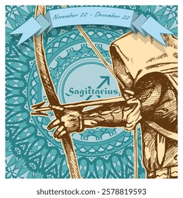 Sagittarius horoscope sign on an openwork background with a ribbon on top and dates. Mix of styles. Poster, decorative panel or other. Vector illustration