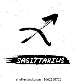 Sagittarius horoscope sign, symbol, zodiac sign. Hand drawn vector illustration on starry sky background with "Sagittarius" lettering on brush stroke. Hand drawing design ink illustration. 