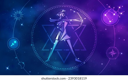 Sagittarius horoscope sign in twelve zodiac with galaxy stars background, graphic of low poly Greek archery with futuristic astrological element