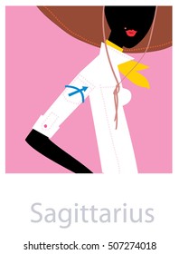 Sagittarius horoscope sign as the woman wearing cowboy hat and scarf. Vector illustration. Cowgirl.