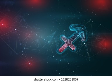 Sagittarius horoscope symbol on an abstract gray blue background with red flashes