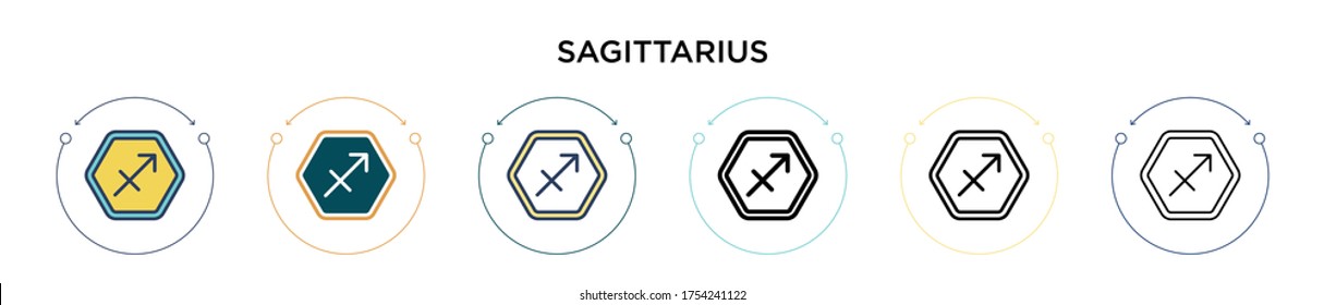 Sagittarius icon in filled, thin line, outline and stroke style. Vector illustration of two colored and black sagittarius vector icons designs can be used for mobile, ui, web