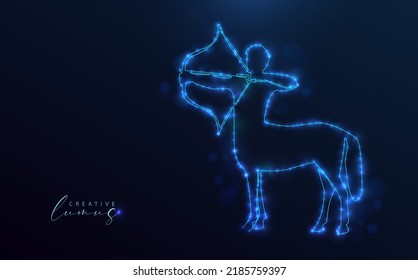 Sagittarius icon illuminated with stars and lines. Zodiac symbol template, neon effect, starry in the universe. Model: futuristic glowing, astrology, vector