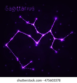 Sagittarius Illustration Icon, Lights Silhouette on Dark Background. Glowing Lines and Points