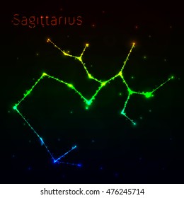 Sagittarius Illustration Icon, Lights Silhouette on Dark Background. Glowing Lines and Points