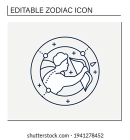 Sagittarius line icon. Ninth fire sign in zodiac. Shooter birth symbol. Mystic horoscope sign. Astrological science concept. Isolated vector illustration. Editable stroke