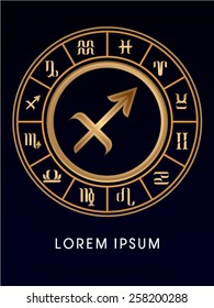 Sagittarius ,Luxury 12 Zodiac wheel cycle sign, designed using gold line color on dark blue background, logo, symbol, icon, graphic, vector.