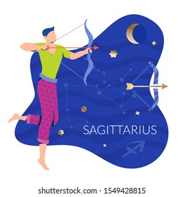 Sagittarius man zodiac and horoscope concept. Modern vector art with young bowman profile. Illustration for horoscope and astrology apps, websites, astrology predictions.