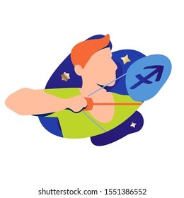Sagittarius man zodiac and horoscope concept. Modern vector art with young bowman profile. Illustration for horoscope and astrology apps, websites, astrology predictions.