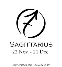 Sagittarius with name and dates. Horoscope with 12 zodiac signs. From November 22 to December 21. Astrology, fortune telling, constellation, stars, ascendant, pseudoscience, natal chart. Casual style