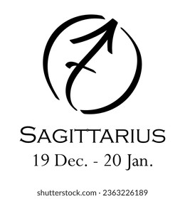 Sagittarius with name and dates. New horoscope with 13 zodiac signs. From December 19 to January 20. Astrology, fortune telling, constellation, stars, ascendant. Casual style with black strokes