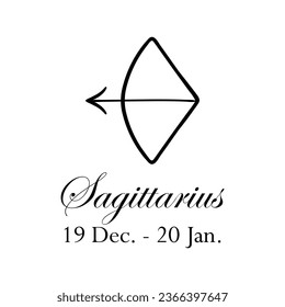 Sagittarius with name and dates. New horoscope with 13 zodiac signs. From December 19 to January 20. Astrology, fortune telling, constellation, stars, ascendant. Italic style