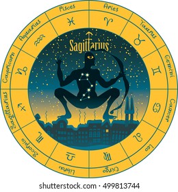 sagittarius on the background urban night landscape and the starry sky in circle with the signs of the zodiac