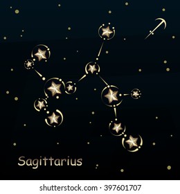 Sagittarius on a dark blue background, surrounded by stars. Constellation connected lines and decor.