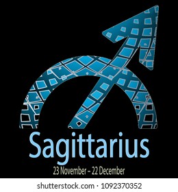 Sagittarius. Ornamental decorative vector zodiac sign.  Astrological patterned archer symbol. Abstract modern background with dates, months, latin name text. 23 November – 22 December. Luxury design